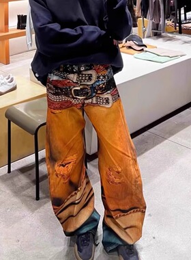 正确25新款3D立体打印错觉复古彩色油画腰带2006F弯刀牛仔裤长裤