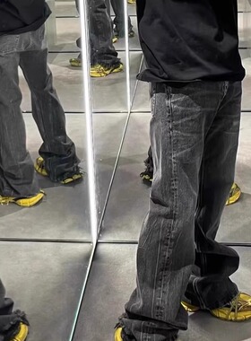 巴黎美式高街潮牌小众水洗破坏做旧微喇牛仔裤休闲长裤91yxng同款