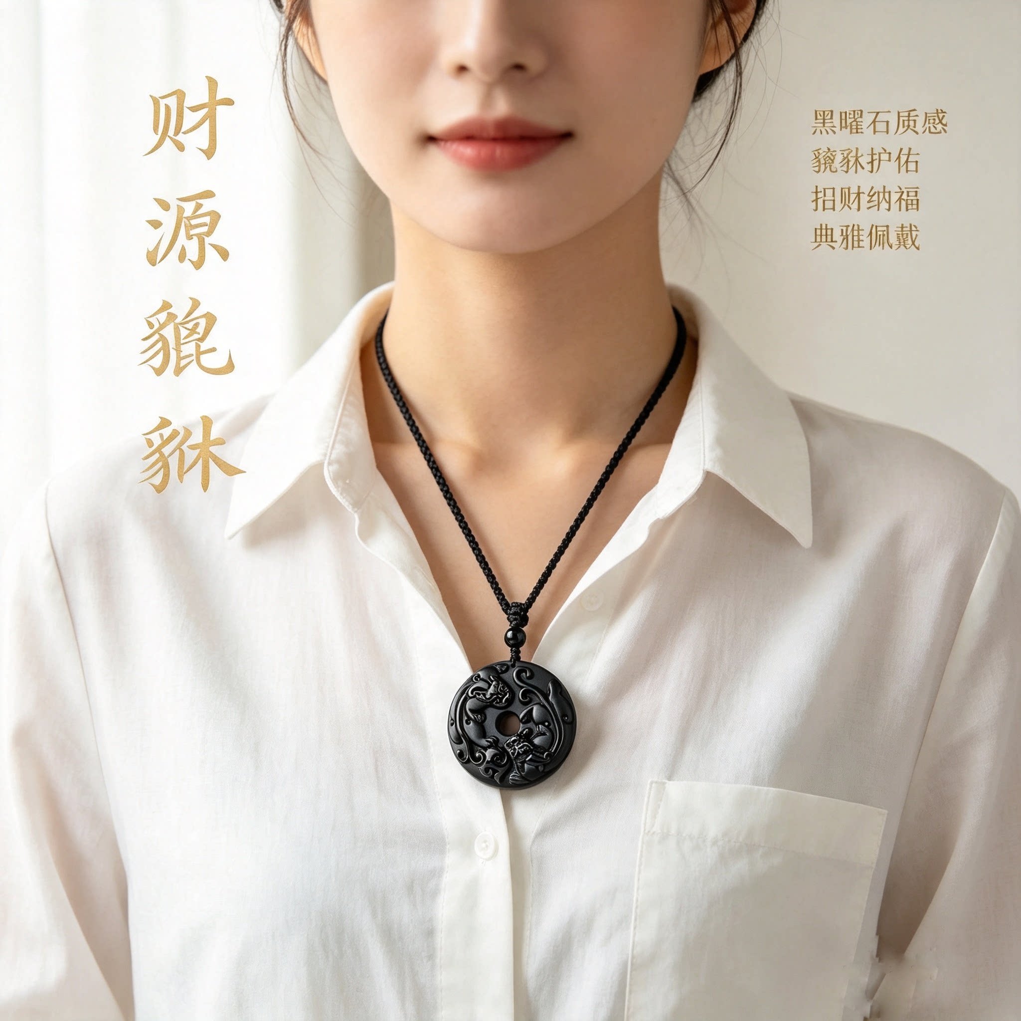 天然黑曜石貔貅吊坠男本命年招财平安扣护身符挂件转运项链礼物女
