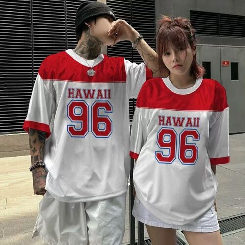 新款77冰球短袖美式复古男女运动休闲拼接橄榄球篮球嘻哈球衣T恤