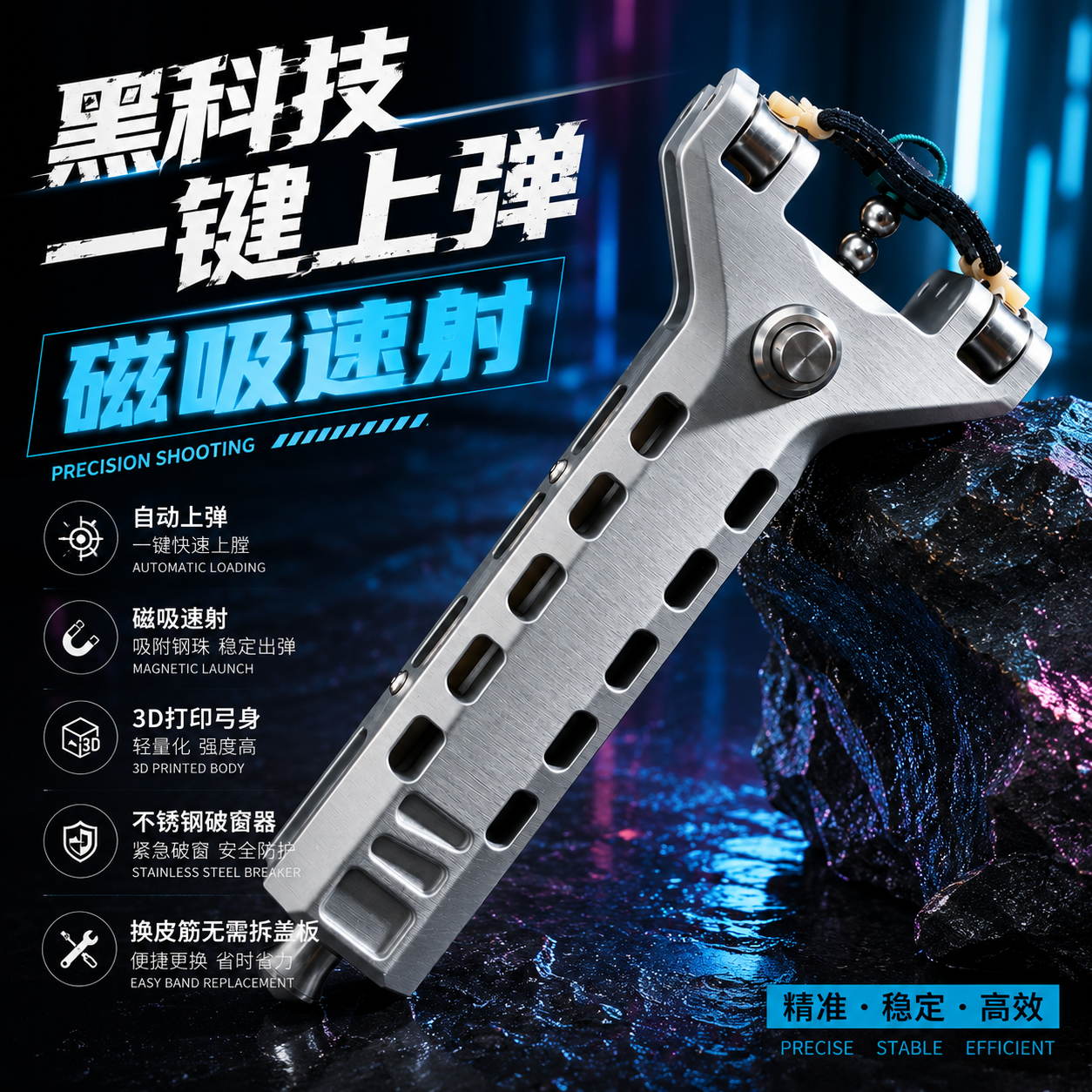 新款弹架成人快速自动上膛弹弓金属速射圆皮筋网红弹弓户外高精度