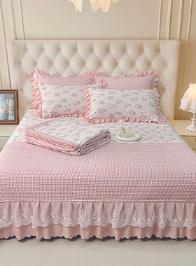 韩版双层纱床盖款夏被四件套夹棉纯棉衍缝三件套夏凉被床上用品新