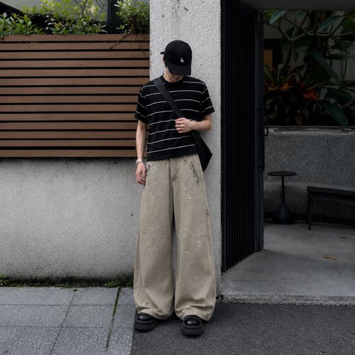 美式复古泼墨钥匙扣阔腿工装裤男