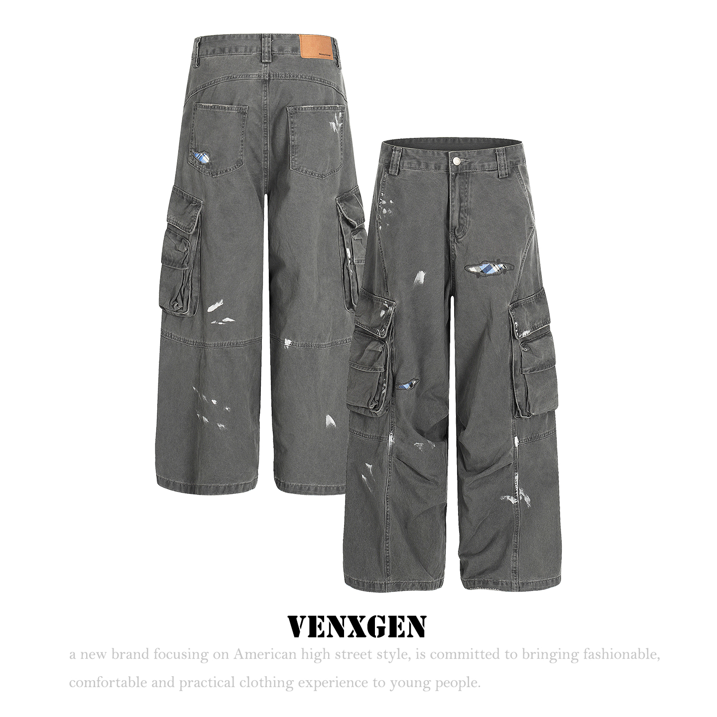 美式高街多口袋泼墨工装牛仔裤男