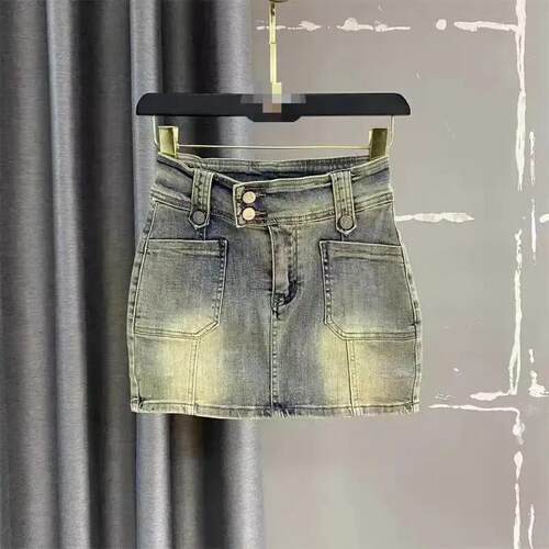 2026春夏复古牛仔短裙女高腰显瘦美式辣妹百搭直筒包臀a字半身裙