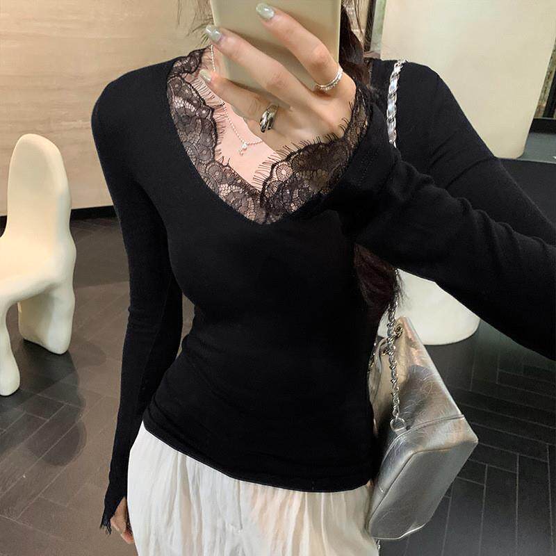 欧货现货辣妹蕾丝拼接V领薄款纯欲内搭打底T恤衫女秋2026春款上衣
