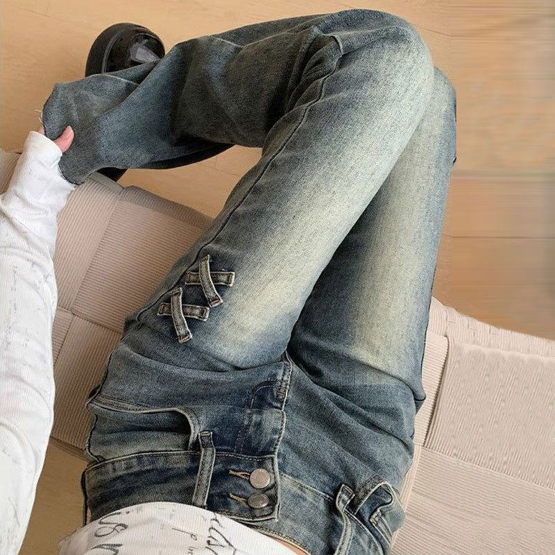 美式复古双扣牛仔裤女装大码修身高腰胖mm直筒弹力马蹄微喇长裤子