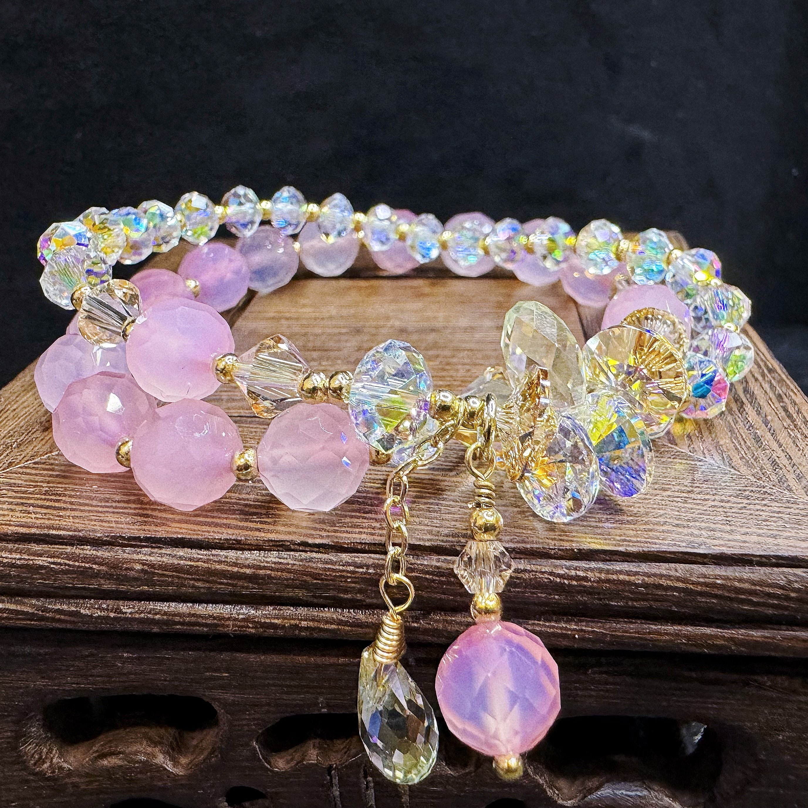 洛世奇粉绿色奥地利水晶手链简约个性手串时尚ins手饰超闪双圈