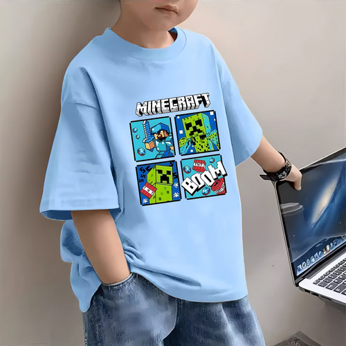 纯棉男童短袖T恤夏季新款男孩宽松圆领儿童我的世界印花上衣半袖