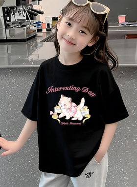 纯棉儿童t恤夏季新款卡通印花宽松型圆领上衣女孩棉100%半袖服装