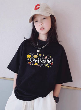 女童黑色短袖t恤2026新款中大童夏季纯棉女孩字母印花半袖上衣潮