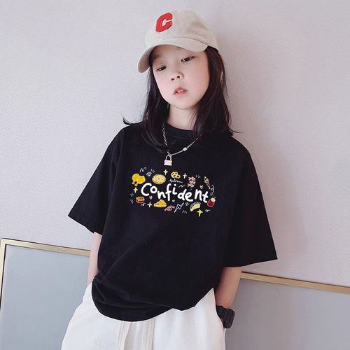 女童黑色短袖t恤2026新款中大童夏季纯棉女孩字母印花半袖上衣潮
