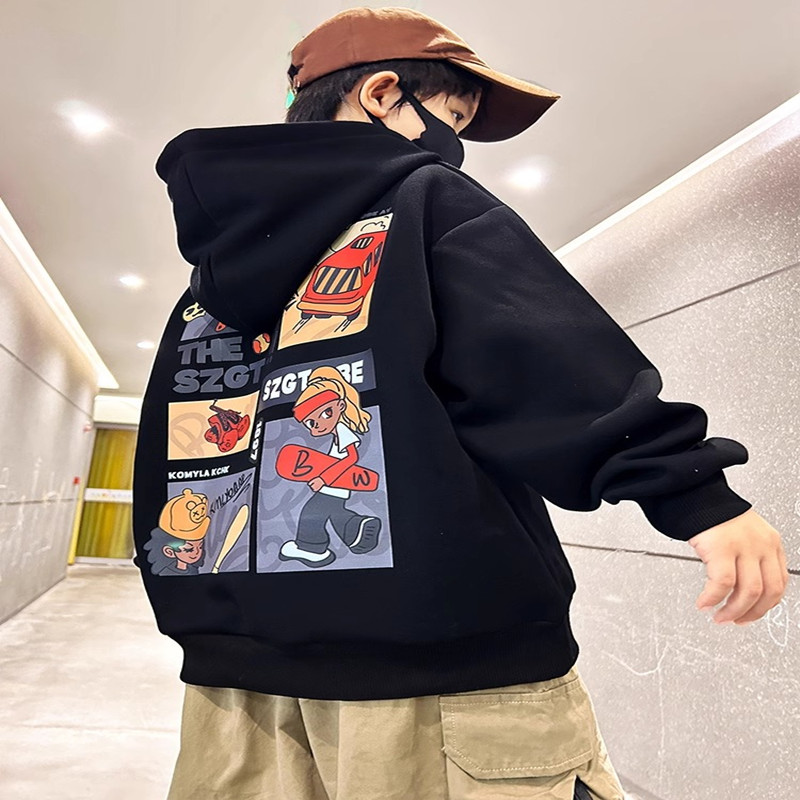 男童加绒卫衣连帽冬款潮牌中大童加厚保暖上衣儿童大男孩冬装童装