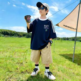 儿童短袖T恤纯棉夏装新款两件套男童夏季速干休闲短裤运动套装潮9
