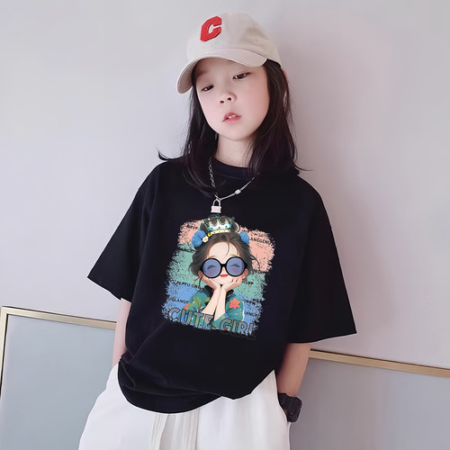 女童短袖t恤纯棉夏装新款儿童大童半袖宽松黑色夏款半袖上衣洋气