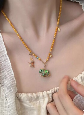 民族风珐琅彩蜜蜡圆珠小吊坠项链