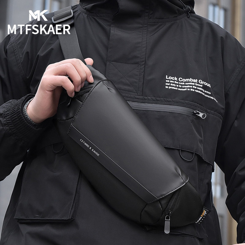 香港MTFSKAER真皮斜挎包男款胸包新款潮牌单肩包男士休闲运动腰包