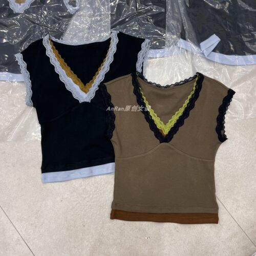 chumo11120蕾丝拼色V领背心女显瘦百搭无袖T恤修身短款打底上衣
