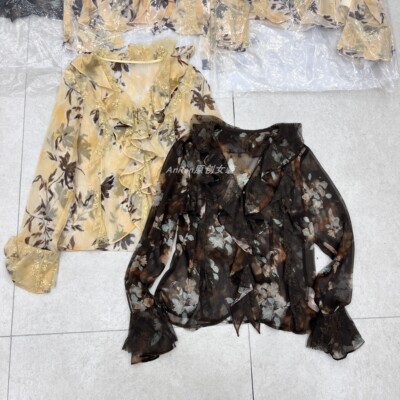 chumo2108中式复古印花长袖衬衫女V领荷叶边宽松显瘦防晒小衫上衣