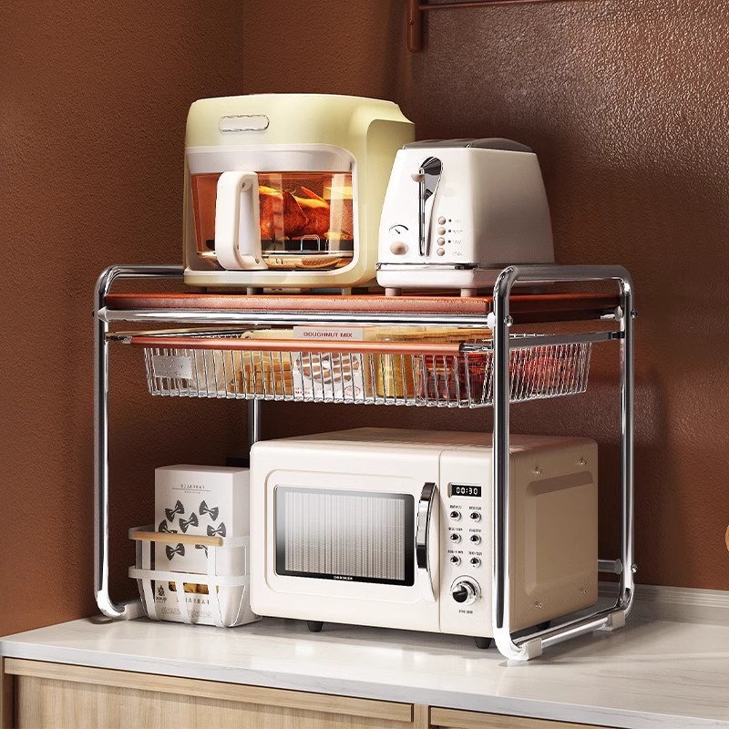 厨房置物架家用烤箱电饭煲收纳架带抽屉调料置物柜桌面微波炉支架