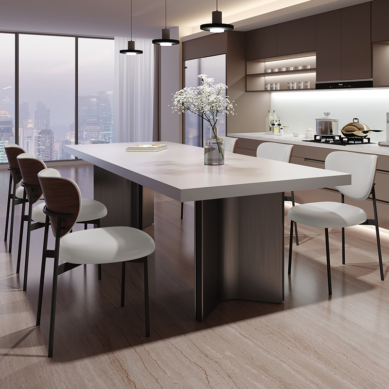 简约现代侘寂风复古纯白下挂加厚岩板餐桌椅组合长方形大户型岛台