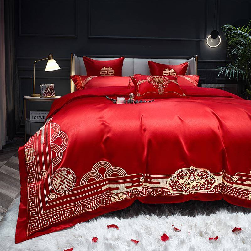 高档全棉刺绣结婚床上用r品四件套婚庆大红色纯棉床单被套六七件,床上用品,婚庆床品套件,淘宝优惠券,粉丝福利购,淘宝优惠卷