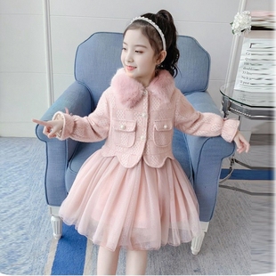 女童冬装洋装2023新款韩版夹B棉毛呢套装儿童公主裙加绒洋派秋冬