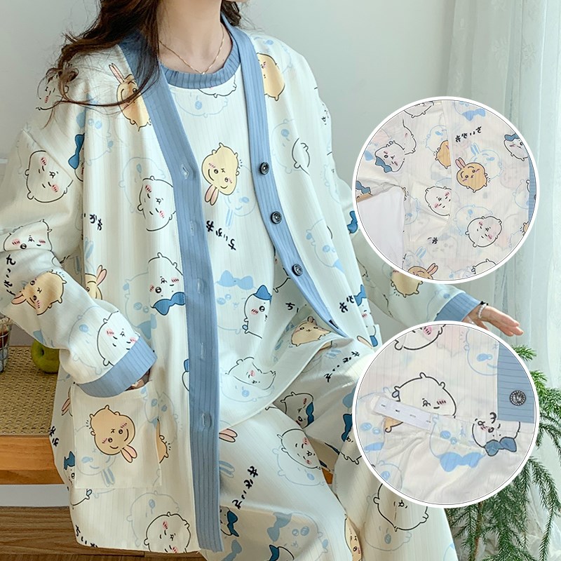 新款特大码绵绸月子服5夏天孕妇宽松哺乳睡衣6月份7喂奶三件套装8