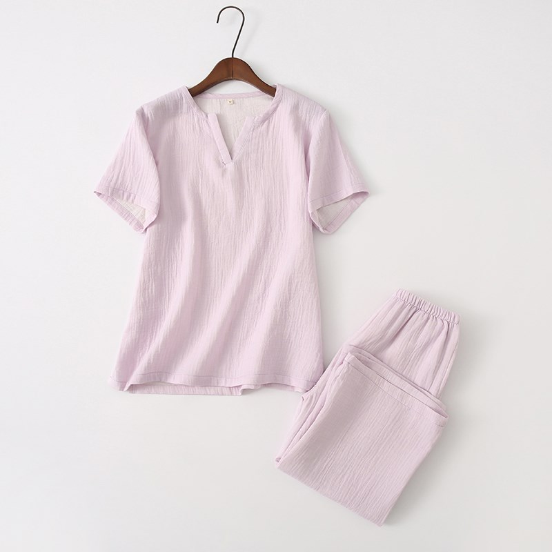 夏季女士全棉纱布圆领套头短袖中裤睡衣套装日系棉麻情侣家居服男