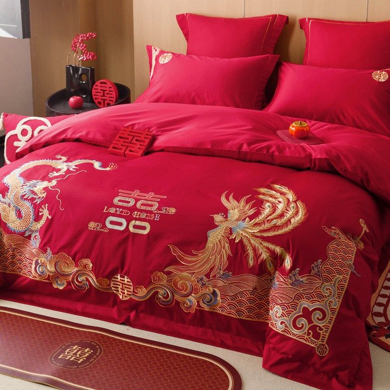 传统中国a风龙凤刺绣结婚四件套红色被套纯棉陪嫁喜被婚庆床上用,床上用品,婚庆床品套件,淘宝优惠券,粉丝福利购,淘宝优惠卷