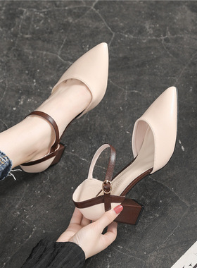 2023新款尖头粗跟高跟鞋小码31 32C33一字带中跟单鞋大码女鞋41-4