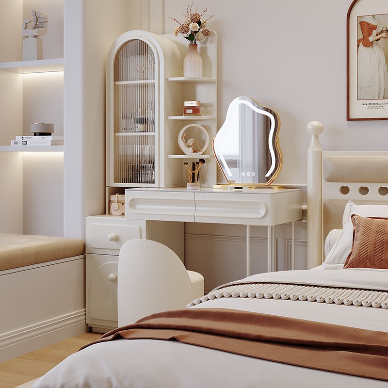 奶油风实木梳妆台收纳柜一体卧室法式高端岩板新款化妆桌子大容量