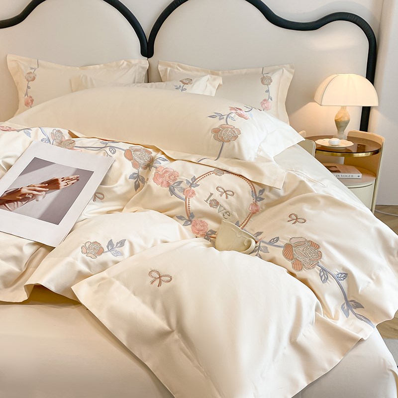 母婴级A类小清新200支长绒棉四件套全棉刺K绣被套100%纯棉床上用
