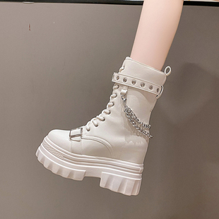 小个子内增高马丁靴女11cm2023秋季 英伦风链条松糕厚底中筒靴 新款