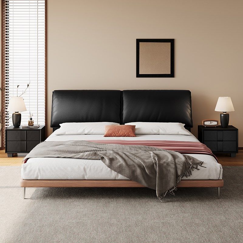 黑色软包真皮床主卧高端大气家用意式极简豆腐块大象耳朵双人床