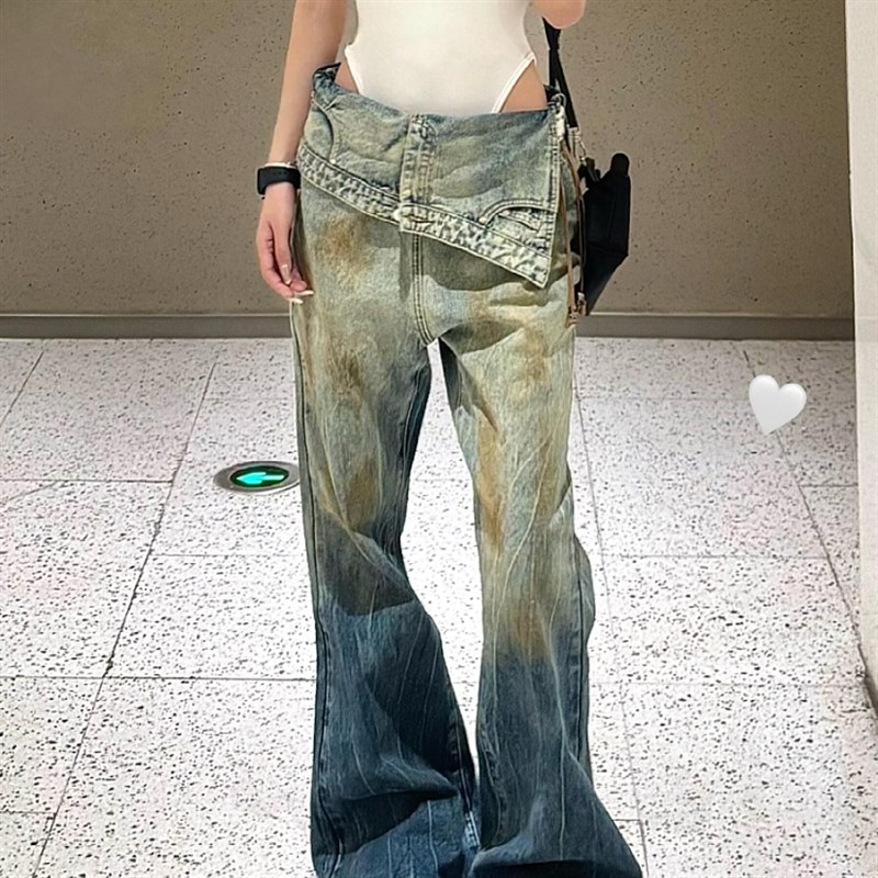 大码美式街头辣妹不规则翻边牛仔裤女复古做旧渐变直筒显瘦拖地裤