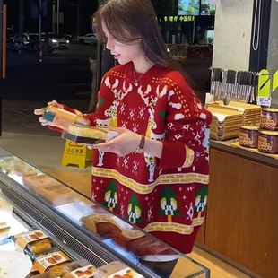慵懒风外穿宽松套头针织 秋冬加厚圣诞节麋鹿l红色毛衣女2024新款