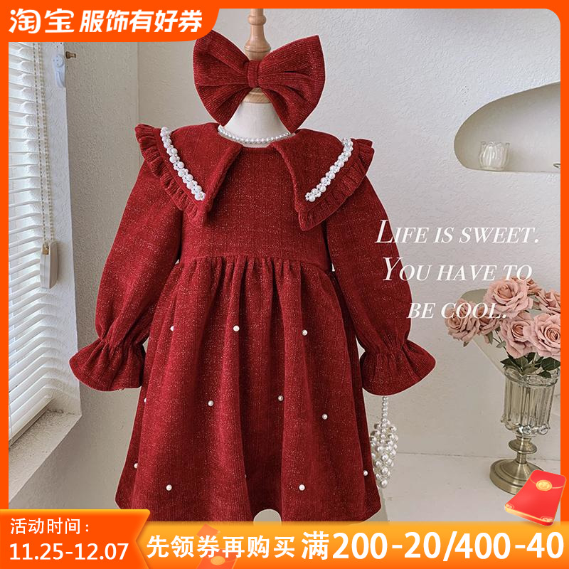 女童红色洋装冬装2l023新款小女孩洋派新年衣服加绒拜年服公主裙