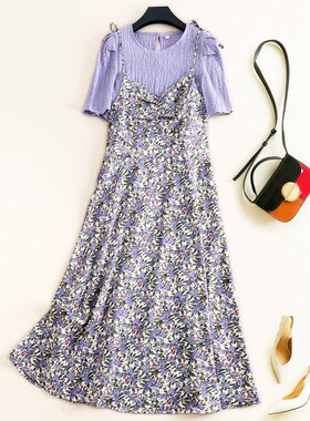 御姐风气质网红套装洋气紫色碎花吊带F裙夏季减龄显瘦连衣裙两件