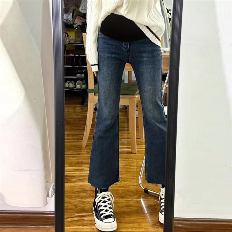 孕妇牛仔裤子春秋新款喇叭裤九分毛边托腹小个子烟管裤高腰托腹裤