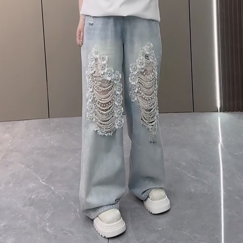 时尚重工花朵珠链破洞牛仔裤子胖mm2025春夏新款宽松显瘦大码女装