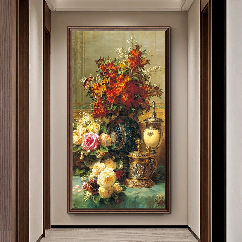 石榴花开-竖长j】美式玄关装饰画入户进门处复古花卉挂画楼梯墙画图片