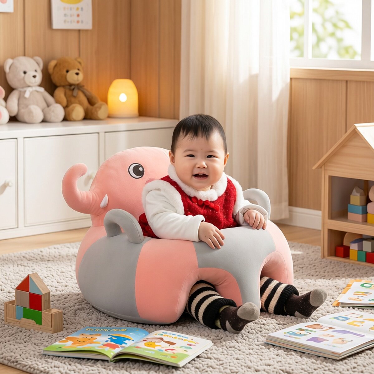 儿童学坐椅宝宝小象造型毛绒沙发练习坐立座椅婴幼儿训练安全座椅