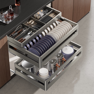 四季 沐歌厨房抽屉拉篮双层分隔收纳篮餐具铝合金可伸缩橱柜拉篮