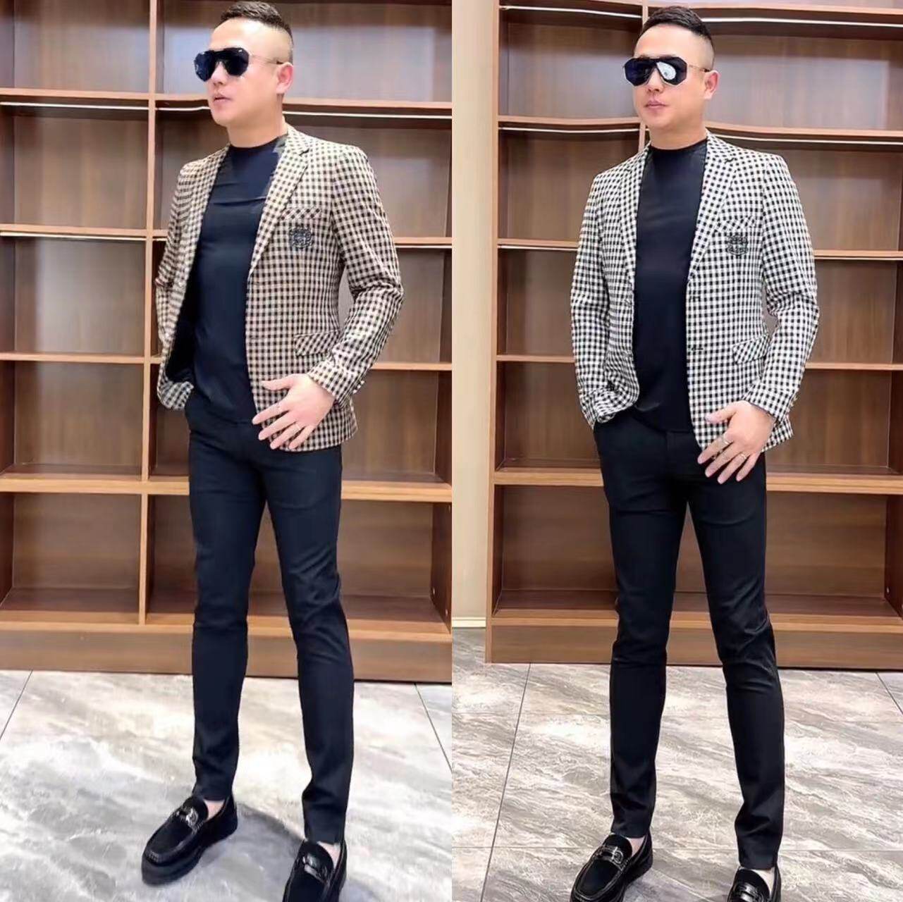 春季男士新款时尚百搭格子西服外套绅士简约修身上衣男款休闲西装