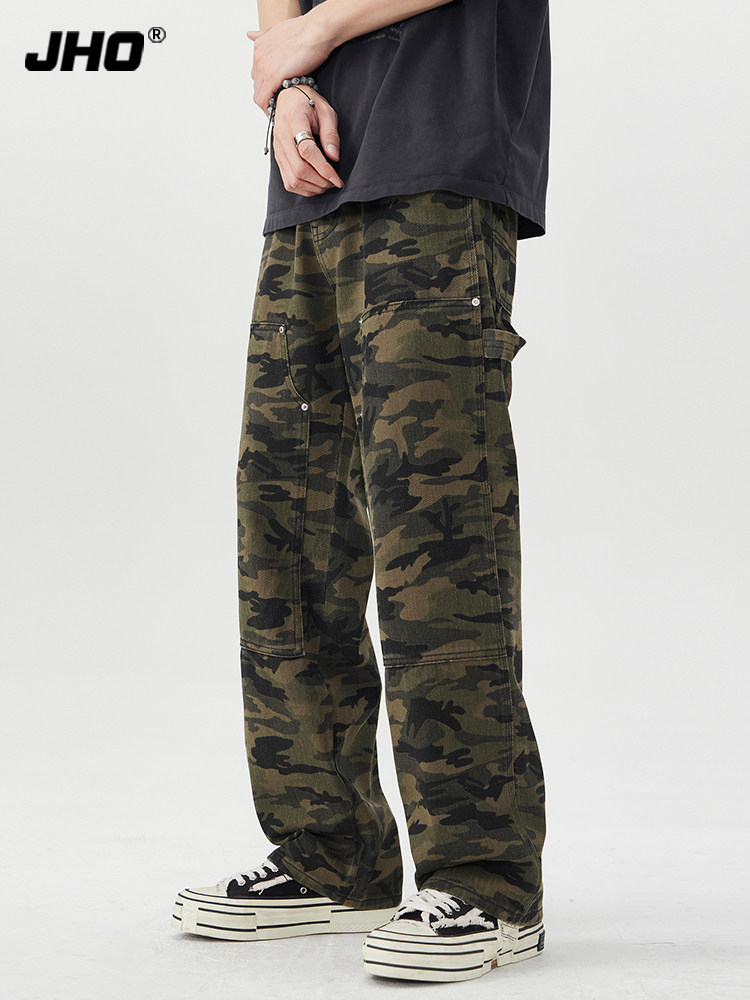 迷彩工装牛仔裤男春季2025新款美式高街vibe宽松直筒柳叶弯刀长裤