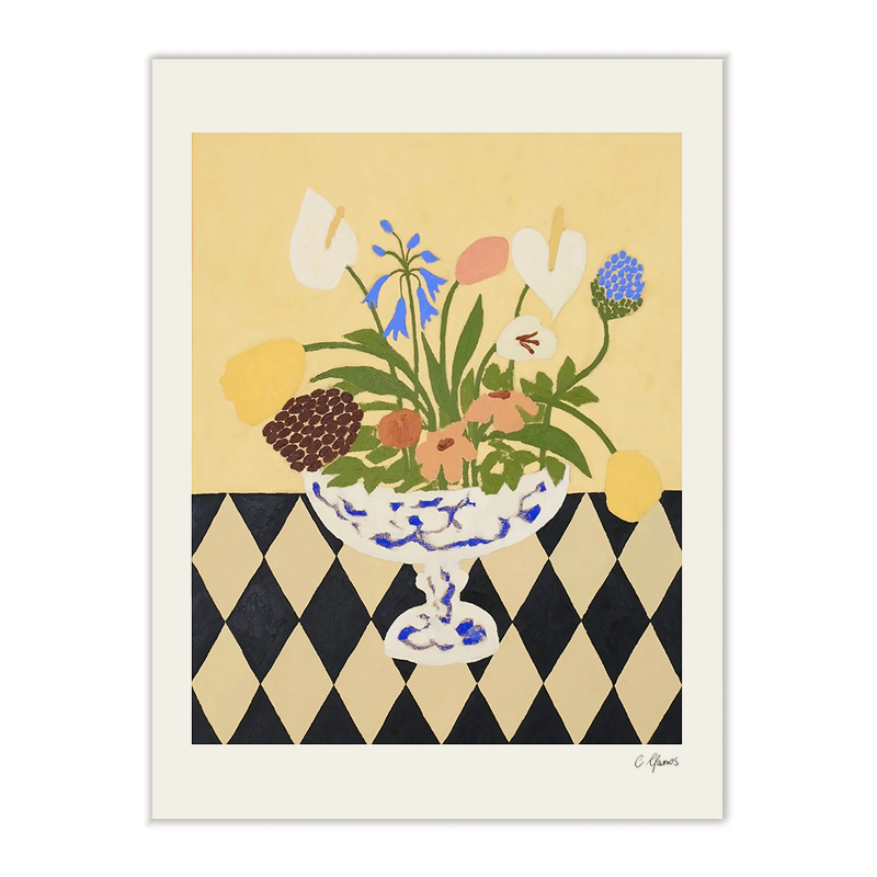 【特惠捡漏】插画师Carla Llanos复刻艺术版画棋盘格花卉装饰画芯