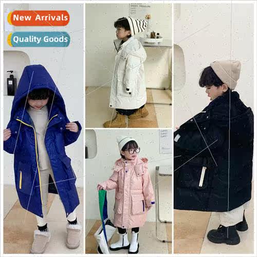 2023 new childrens down jacket knee-length hooded Korean  of
