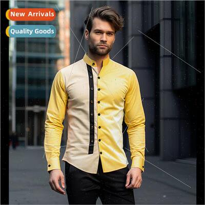 Men 2023 fall new long-sleeved shirt men Henry collar Slim m