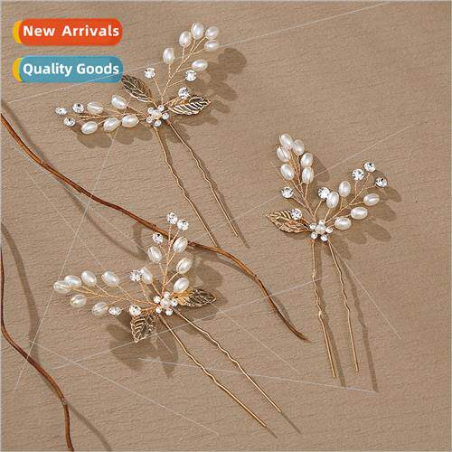 Europe new handmade pearl leaf hairpin ancient diamond hair